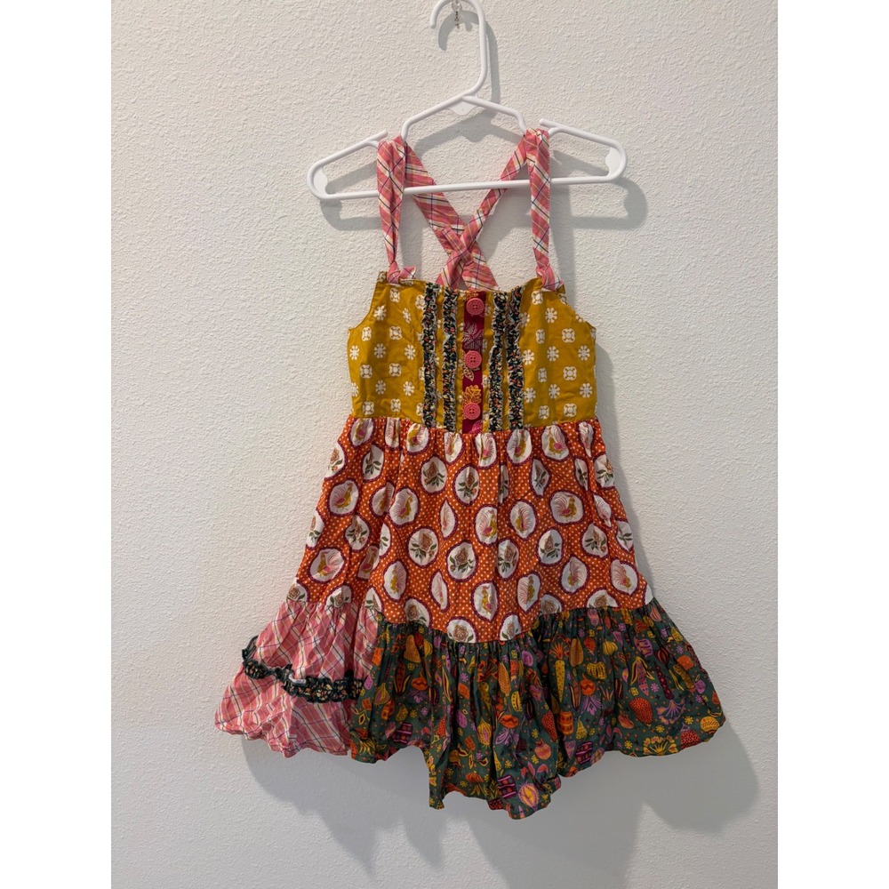 Matilda Jane Girls Tiered Knot Dress Size 6 Rooster Floral Plaid Mixed Media